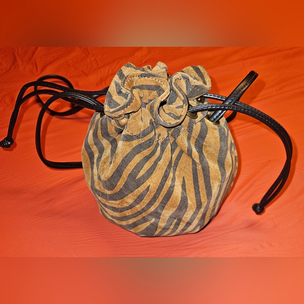 L.J.S. Collection Vintage Drawstring Bag Animal Print Brown/Black 7"×5" E.U.C.
